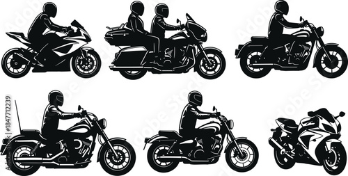 Set of motorcycle silhouettes with riders in various poses, sport bikes and cruiser motorbikes for transportation design, cad drawing flat vector illustration