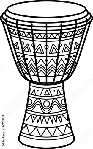 Black and white line art djembe drum with geometric patterns