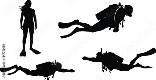 Set of scuba diver silhouettes swimming underwater, deep sea diving exploration with oxygen tank gear, cad drawing flat vector illustration