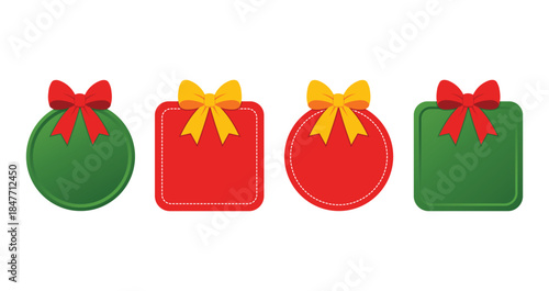 Colorful set of Christmas gift tags in round and square shapes with red and yellow bows on green and red labels, flat vector design for holiday packaging, greeting cards, sales, and festive decoration