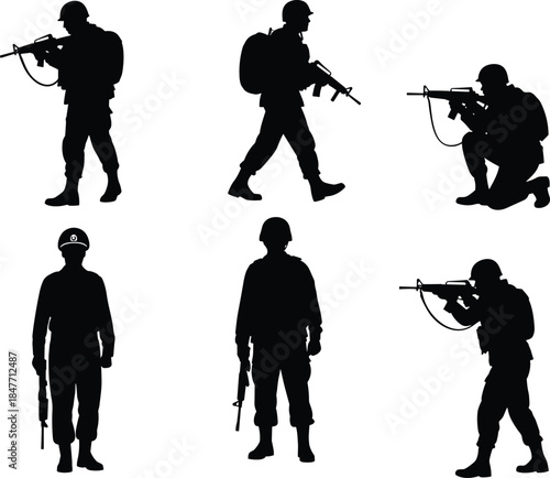 Set of soldier silhouettes in tactical combat poses, military infantry pack with rifles and gear, cad drawing flat vector illustration