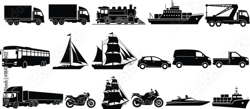 Set of transportation silhouettes including trucks, ships, bus, motorcycle, and sailing boats for logistics design, cad drawing flat vector illustration
