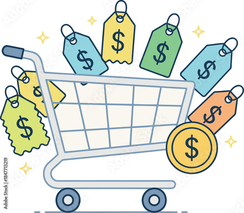 A charming shopping cart brimming with dollar signs and sparkling discount tags for amazing deals