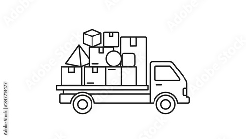 Minimalist line art illustration of a delivery truck loaded with various packages and boxes