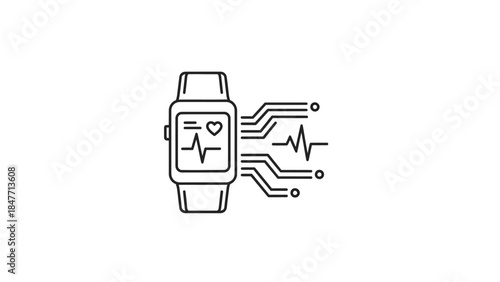 Minimalist line art illustration of a modern fitness tracker smartwatch displaying heart rate