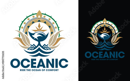 Oceanic Emblem Logo with Marine and Tribal Elements Vector