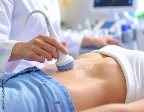 Doctor performs abdominal ultrasound scan on patient in a modern medical clinic