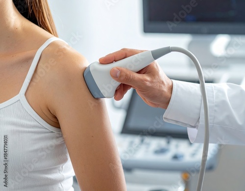 Doctor performs ultrasound scan on patient's shoulder joint for diagnosis and treatment