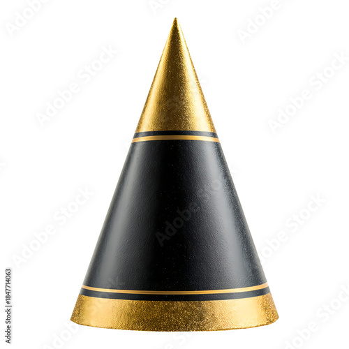 Black and gold party hat, isolated on white background, realistic, studio lighting, centered, no shadow, transparent background