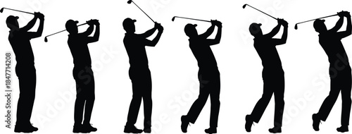 Sequence of six black silhouette figures demonstrating the complete motion of a professional golf swing from address to follow through against a white background