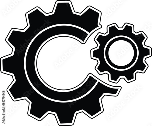Simple black and white graphic icon featuring two interlocking gears representing mechanical process engineering teamwork and system functionality