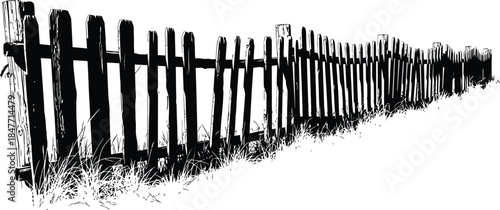 Black and white graphic illustration of a weathered wooden picket fence receding into the distance with tall grass growing along the base against a stark white background