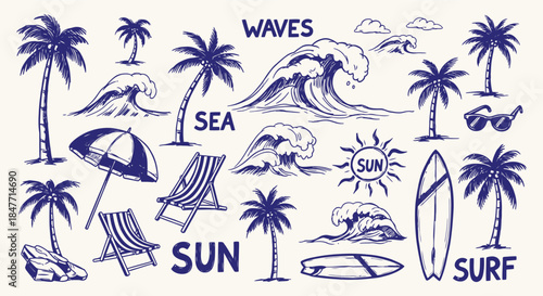 Collection of hand drawn blue ink beach and summer vacation icons featuring palm trees ocean waves sun loungers surfboards and sunglasses on a light background