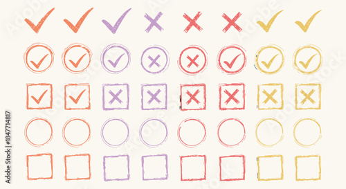 Collection of hand drawn grunge style checkmarks crosses and empty boxes in various pastel colors perfect for voting or survey design elements