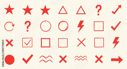 Collection of hand drawn red doodle icons featuring stars checks crosses question marks shapes and arrows on a light cream background for design projects