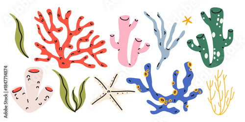 Exotic underwater reef flora cartoon stickers in retro doodle style. Sea corals, under sea plants, seaweed, shells. Bright groovy ocean elements and shapes. Vector illustration