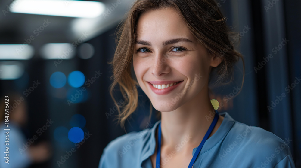Fototapeta premium Faceless portrait of smiling female technician in server room, happy woman IT professional, positive data center worker, cheerful technology specialist, defocused face, with copy space