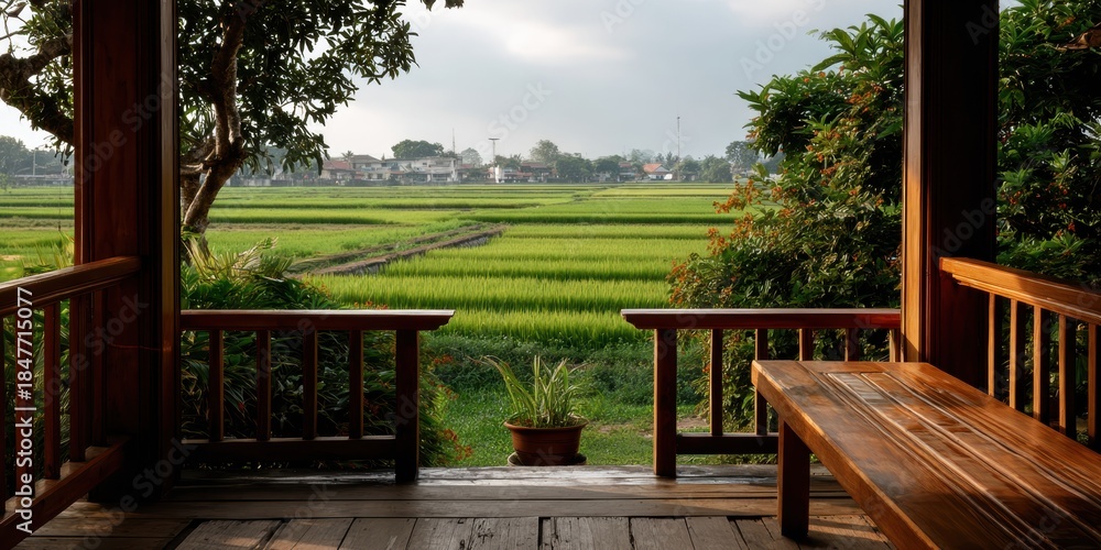 Obraz premium Traditional Wooden Terrace View of Green Paddy Fields in Rural Indonesia, Tropical Nature Vacation Concept