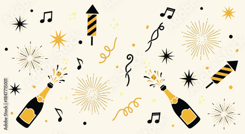 Festive seamless pattern featuring popping champagne bottles fireworks musical notes confetti and streamers in black and gold tones for celebration backgrounds