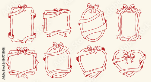 Collection of eight vintage style decorative frames featuring elegant ribbons and bows perfect for invitations certificates or elegant labeling designs