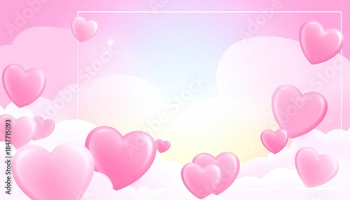 Dreamy Pink Hearts Floating on Soft Clouds with a White Frame.