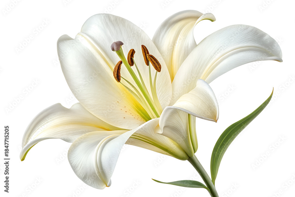 Obraz premium White Lily Flower Bloom Isolated on White - Elegant Madonna Lily Lilium Candidum Closeup Floral Stock Photo
