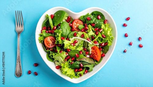Fresh healthy salad with pomegranate and tomatoes in a heart-shaped bowl on blue background.