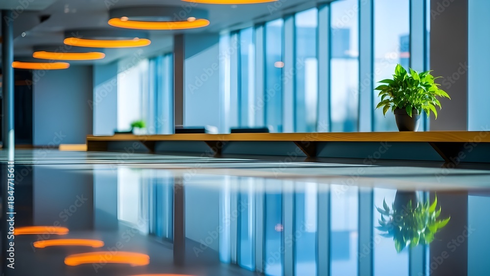 Fototapeta premium Modern office lobby with potted plant.