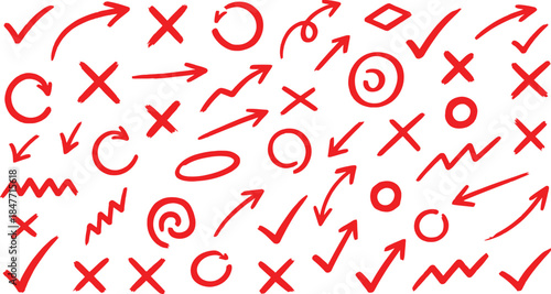 Seamless pattern of hand drawn red correction marks including checkmarks crosses arrows circles and squiggles for marking up documents or design feedback