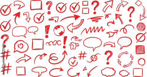 Collection of hand drawn red marker elements including arrows checkmarks question marks speech bubbles and abstract shapes for highlighting important information on a white background