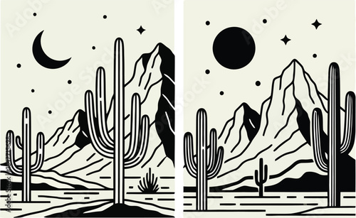 Minimalist black and white desert landscape diptych featuring saguaro cacti mountains and celestial bodies under a crescent moon and full sun