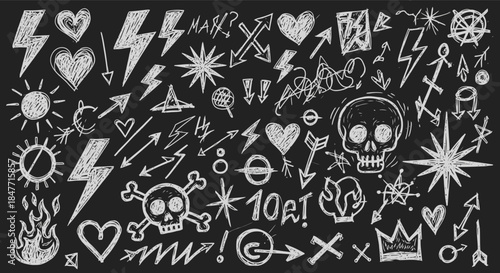 Collection of white hand drawn punk rock doodle icons including skulls lightning bolts hearts arrows and stars scattered across a dark background texture