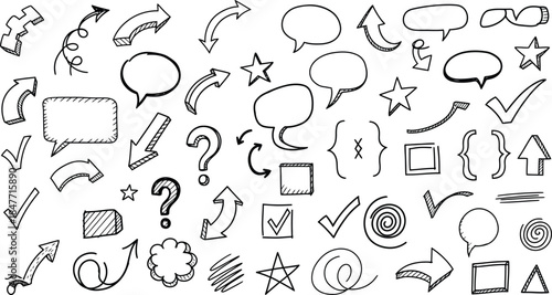 Collection of hand drawn doodle icons featuring various arrows speech bubbles stars checkmarks question marks curly braces and geometric shapes for design elements