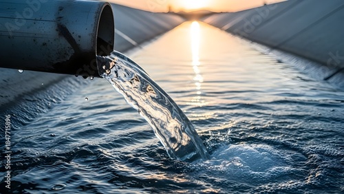 Water flowing from pipe into ocean at sunset.