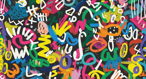 Vibrant abstract graffiti pattern featuring bold neon colors and energetic scribbles creating a dynamic and chaotic visual texture against a dark background