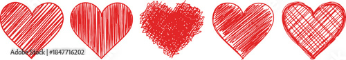 Collection of five distinct red hand drawn scribble heart icons showcasing various doodle styles perfect for valentine or love related graphic design projects