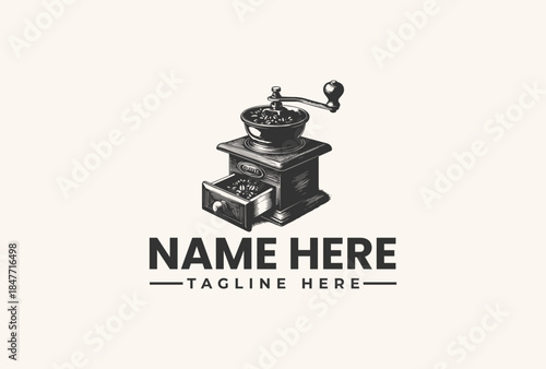 Black and white vector illustration of a coffee grinder with placeholder text on a beige background, showcasing a logo design concept.