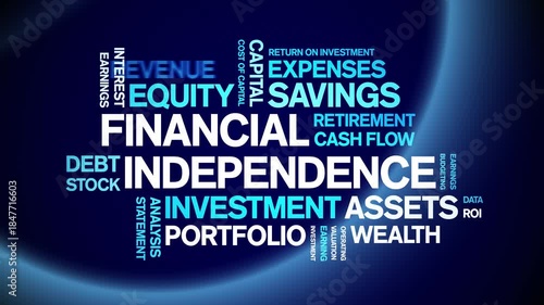 Financial independence animated word cloud-text design animation tag kinetic typography seamless loop.