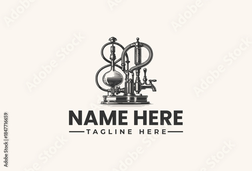 A logo design featuring a stylized industrial or scientific apparatus with a placeholder name and tagline in bold text on a plain background, vector illustration.