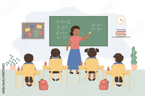 Teacher explains math. Multiethnic students solves mathematical examples. Math lesson, smart students calculate. Education, learning process. Classroom interior