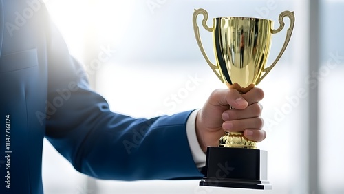 Businessperson holding golden trophy.
