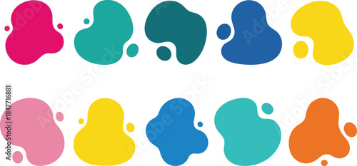 Collection of ten vibrant abstract liquid shapes and colorful blobs arranged in two rows on a clean white background perfect for modern design elements