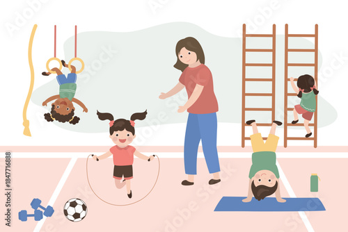 Physical education lesson at school, woman teacher and little students. Multi ethnic schoolboys and schoolgirls in uniform. Children enjoying playing sport games