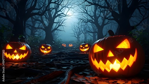 Lit pumpkins in eerie forest.