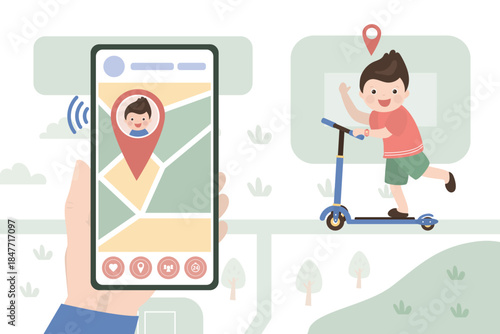 Kid ride kick scooter. Monitoring whereabouts of kid. Phone screen with geolocation tracking app. Parental control and protection.