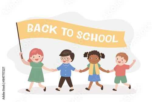 Group of multiethnic children walk back to school, horizontal banner. Little kids hold flag with text. Starting new educational year. School boy and girl hand by hand.
