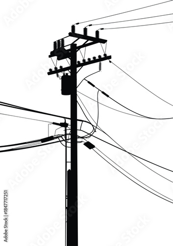 Electric utility pole with transformer and power lines, high voltage transmission and energy distribution grid vector illustration