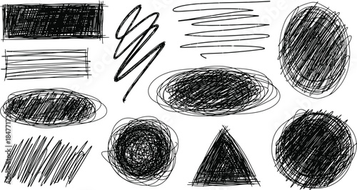 Collection of black hand drawn scribble shapes and messy doodle elements including circles ovals rectangles and abstract lines perfect for grunge design accents