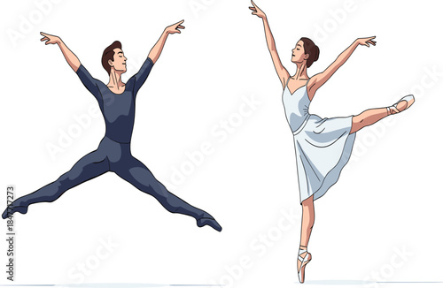 Elegant ballet dancers performing graceful poses, classical dance movement, artistic expression, stage performance, pointe technique, professional dancers, dramatic lighting