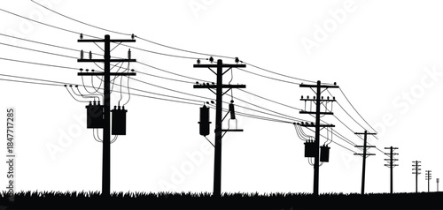 Electric utility poles with power lines and transformers, energy distribution grid, electrical system network vector illustration